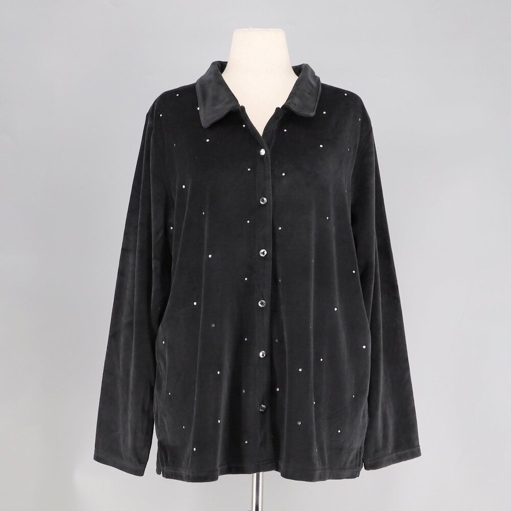 NWT QUACKER FACTORY Black Embellished Velvet Snap Button Shirt Size XL